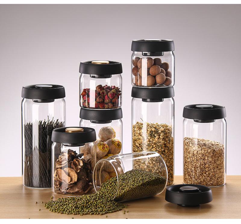 High Borosilicate Glass Sealed Jar 500Ml Black Gold Cap Kitchen Grain Candy Jar Press-Type Vacuum-Sealed Storage Jar