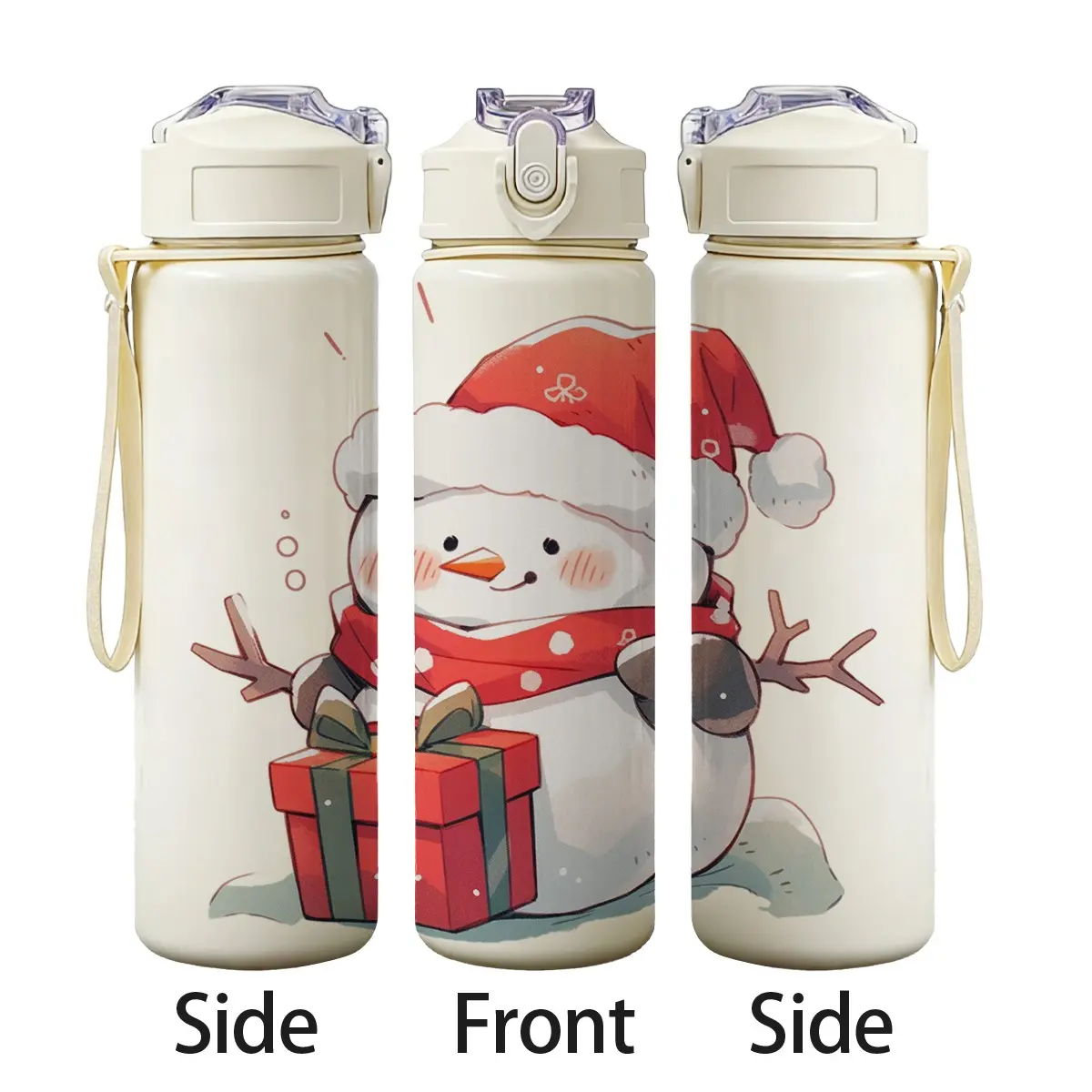 Adorable Christmas Snowman Print Portable Water Bottle, 25oz Lightweight Durable Plastic Cup, Dual Use Straw & Sip Lid, Perfect Gift