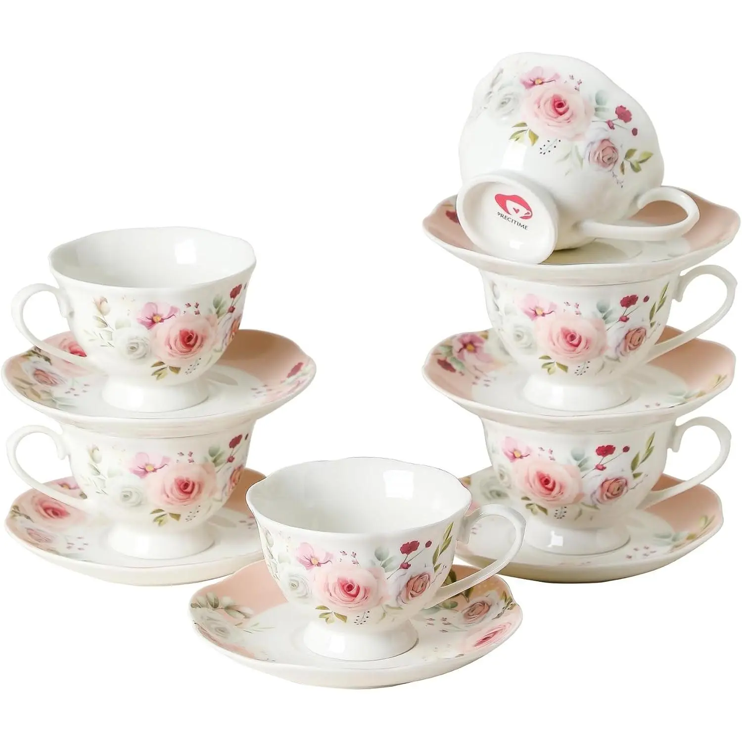 Floral Porcelain Tea Cup Set of 6 (12-Piece), 6 Cups & 6 Saucers with Rose Pattern, 6oz Scalloped Edge Coffee Cups, Dishwasher & Microwave Safe, Elegant Gift
