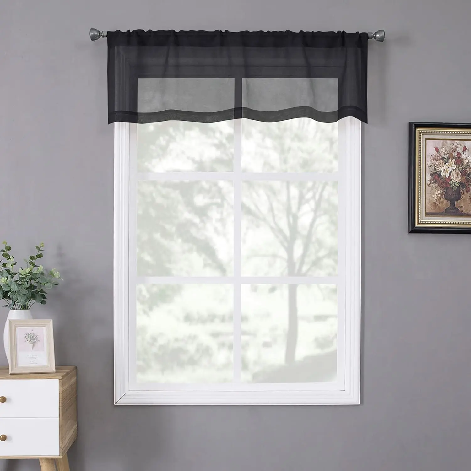 Sheer Valance Linen Textured Bedroom Valance Curtains Sheer Light Filtering Rod Pocket Voile Curtain Valances for Living Room, 54 x 16 inches Long, Black, Set of 1 Panel