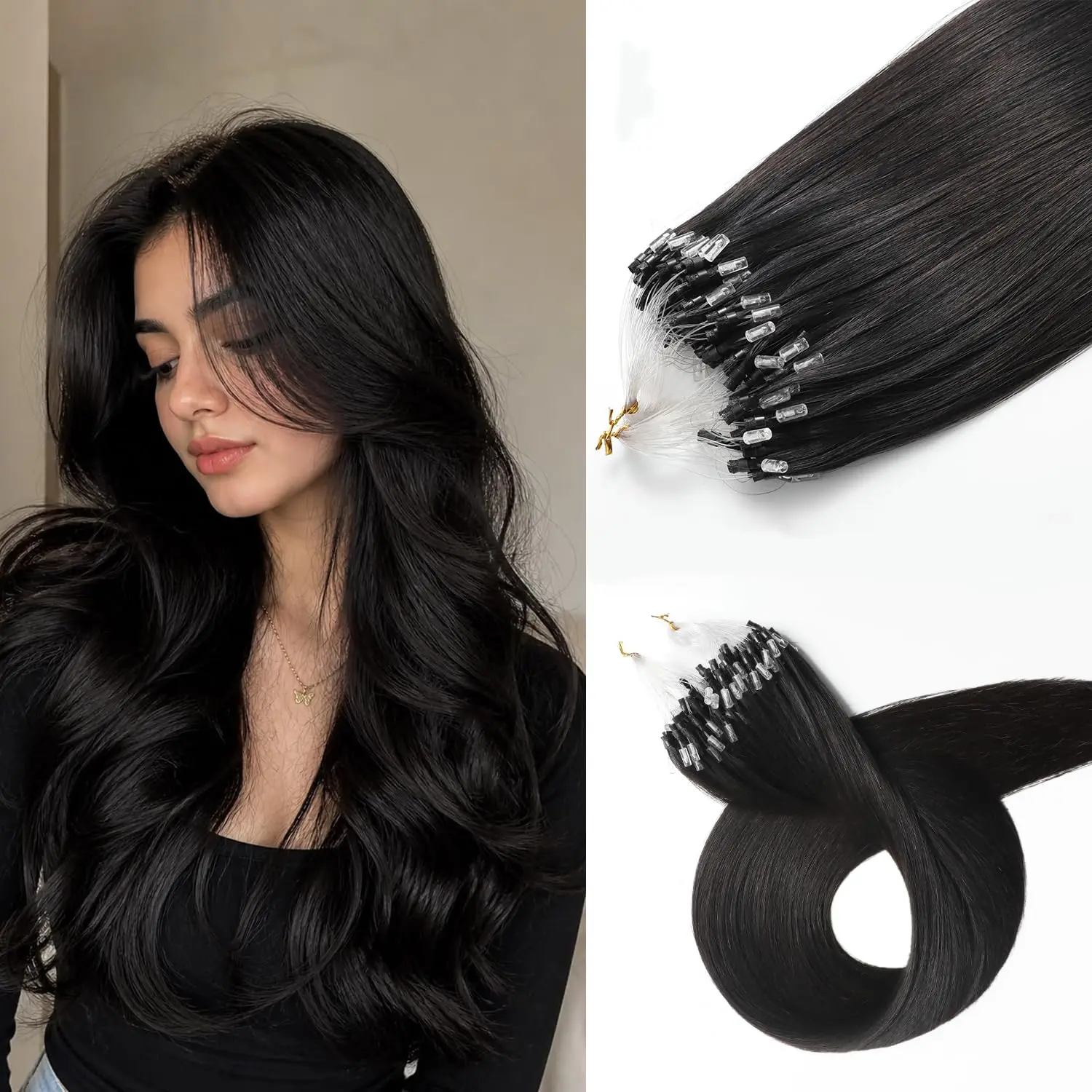 Microlink Hair Extensions Real Human Hair, 18inch 57g  Black, Provides  Fullness for Weddings, Evening Parties, Travel Outdoor and Everyday Style, 50S with 7g  Beads