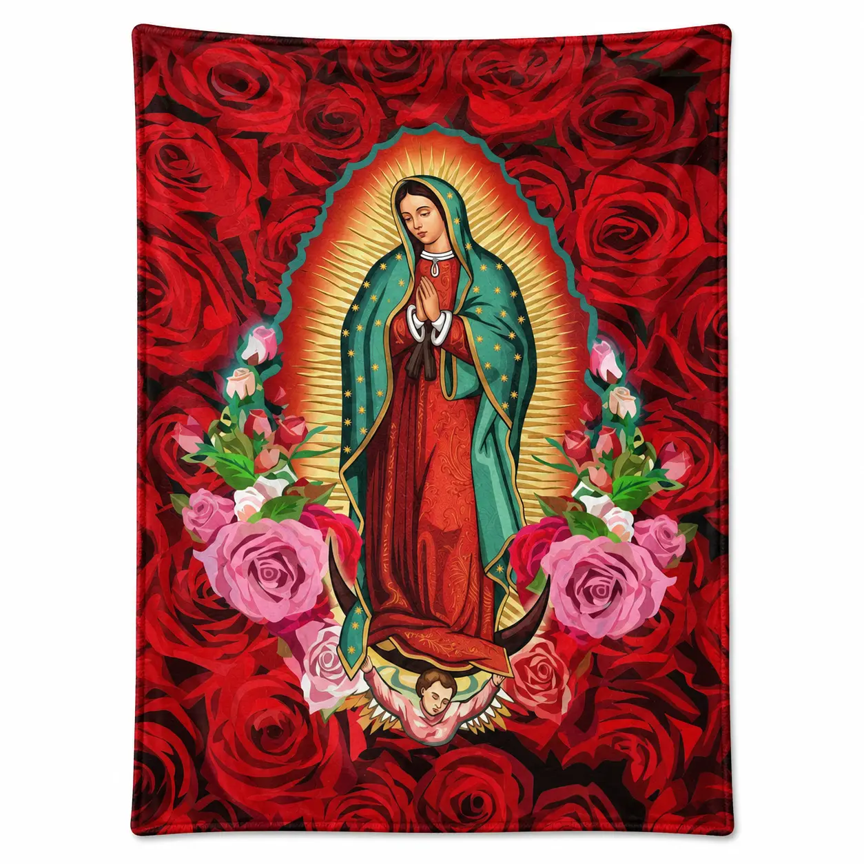 Religious Virgin Mary Flannel Blanket Rose Pattern Spiritual Artwork Soft Warm Cozy Durable Decorative Throw Blanket for Bedroom Living Room Worship Space Gift Collection Home Decor,summerwins