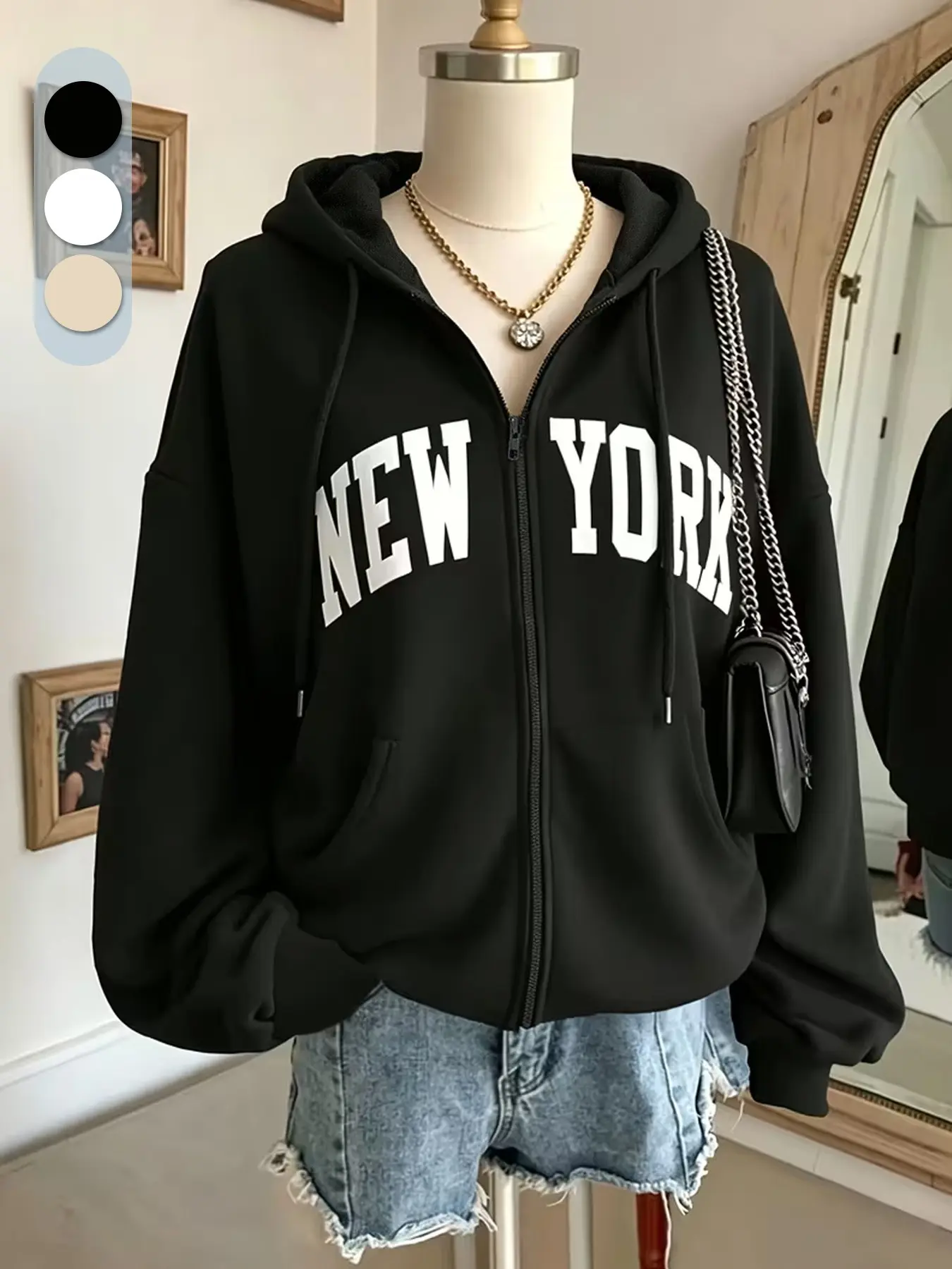 American Vintage Women’s NEW YORK  Letter Zip Up Hoodie Jacket, Oversized Drop Shoulder Kangaroo Pocket Loose Sweatshirt, Soft Fleece Neutral Unisex Outerwear For City Street, Campus Daily & Denim Matching Outfit #springsaledeals2026 #hoodies #tiktokshopm