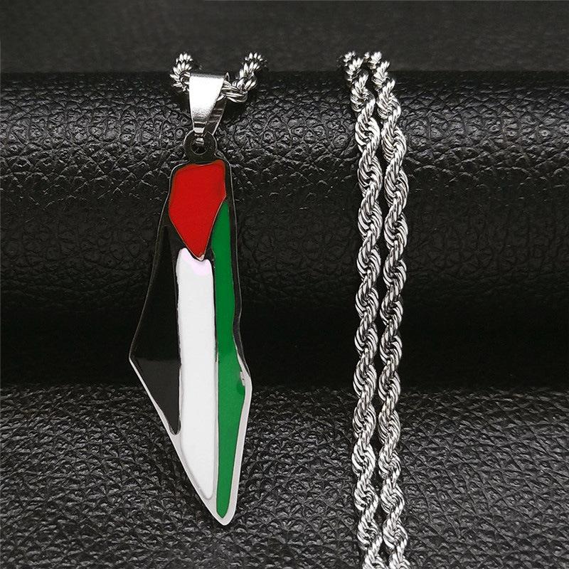 Palestine Map Flag Enamel Pendant Necklace Stainless Steel Rope Chain Fashion Statement Jewelry for Men Women