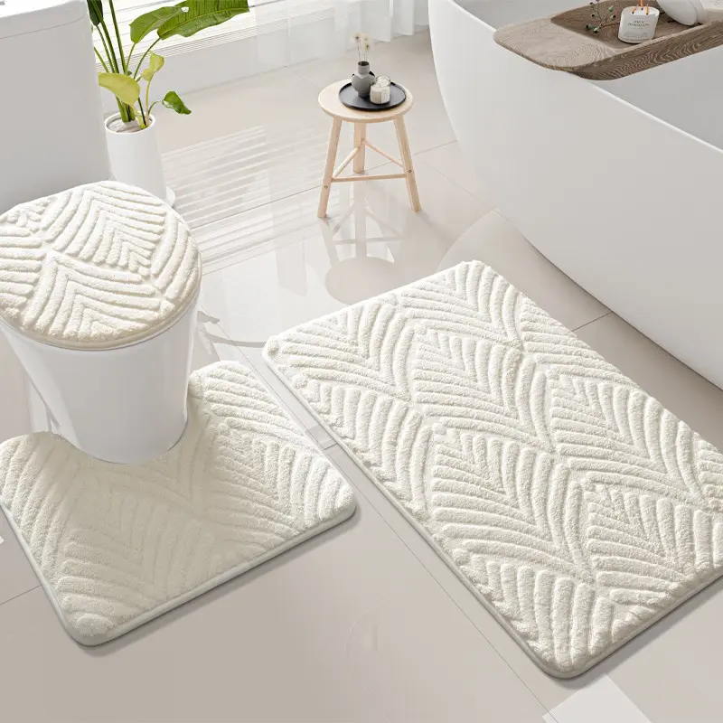 High-Quality 3-Piece Cotton Velvet Bath Mat Set, Non-Slip, Quick-Dry, Thickened 2cm, Absorbent Bathroom Mat, Ideal for Bathroom, Kitchen, Laundry Room, Bedroom, Soft Bath Mats