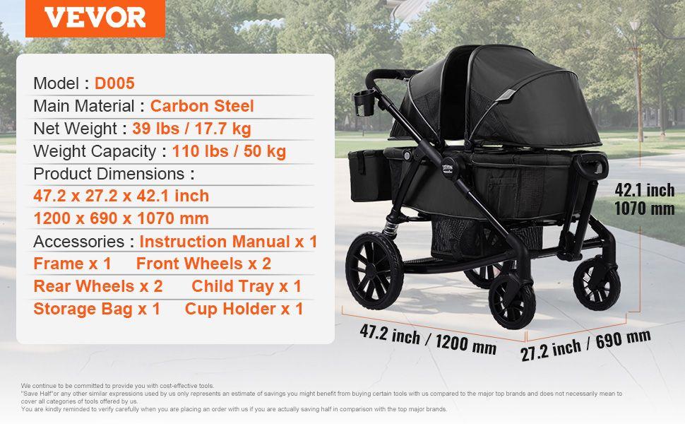 VEVOR All-Terrain Stroller Wagon, 2 Seats Foldable Expedition 2-in-1 Collapsible Wagon Stroller, Includes Canopy, Parent Organizer, Snack Tray & Cup Holders, 55lbs for Single Seat, Black VEVOR All-Terrain Stroller Wagon, 2 Seats Foldable Expedition 2-in-1 Collapsible Wagon Stroller, Includes Canopy, Parent Organizer, Snack Tray & Cup Holders, 55lbs for Single Seat, Black