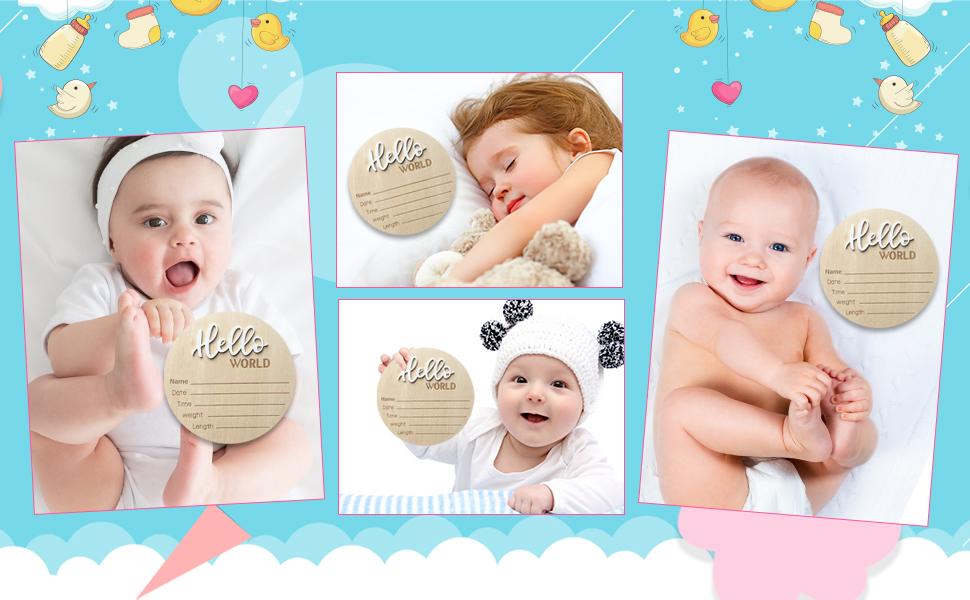 Baby Announcement Sign,​5.9 Inch Wooden Hello World Newborn Signs, Birth Announcement Sign, Baby Shower Hospital Nursery for Newborn Boys and Girls (White)
