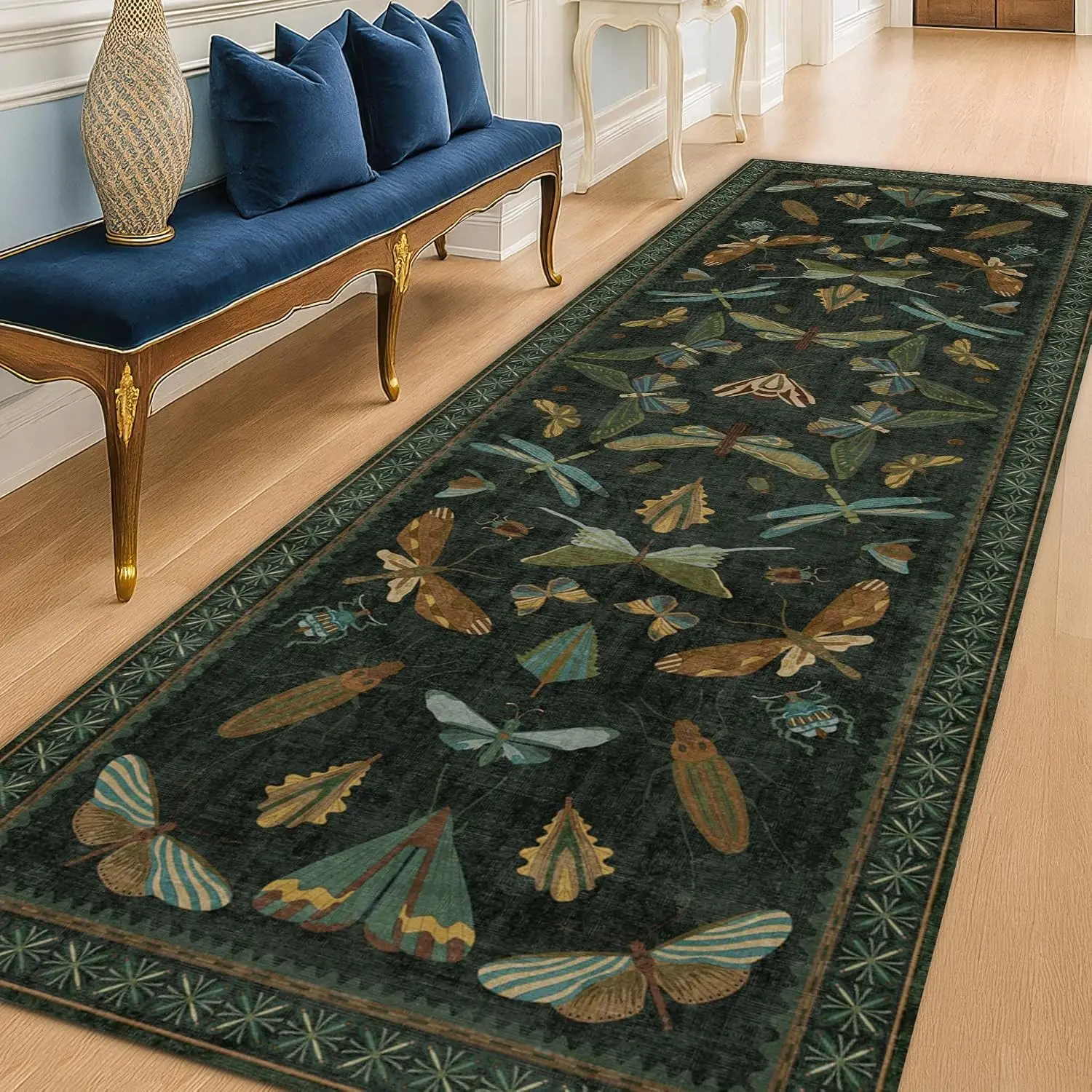 2'6"x8' Nature-Inspired Boho Green Hallway Runner Rug - High-Traffic, Washable, Non-Slip Indoor Rug with Insect Motifs for Kitchen, Entrance