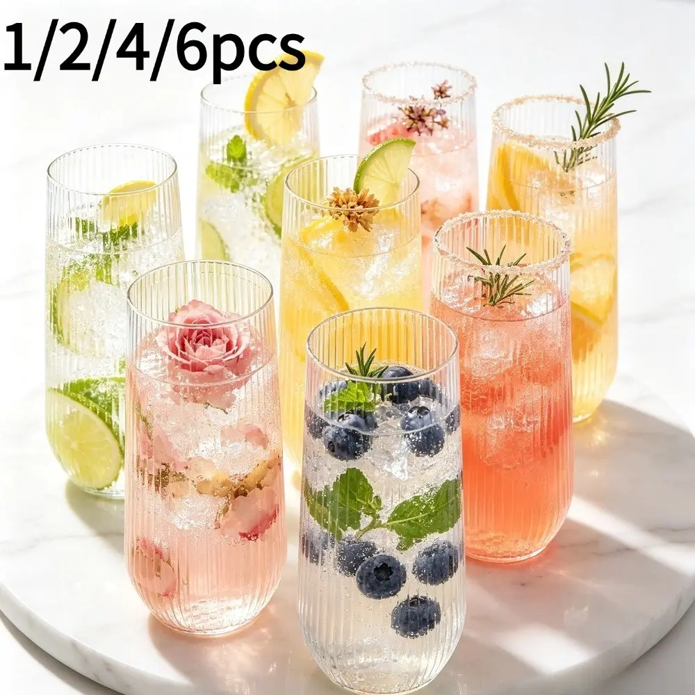 6/4/2/1pcs Vertical Stripe Water Drop Glass Cup, High Borosilicate Glass, Multi-Functional Drinkware, Heat Resistant, Ideal for Coffee, Juice, Soda