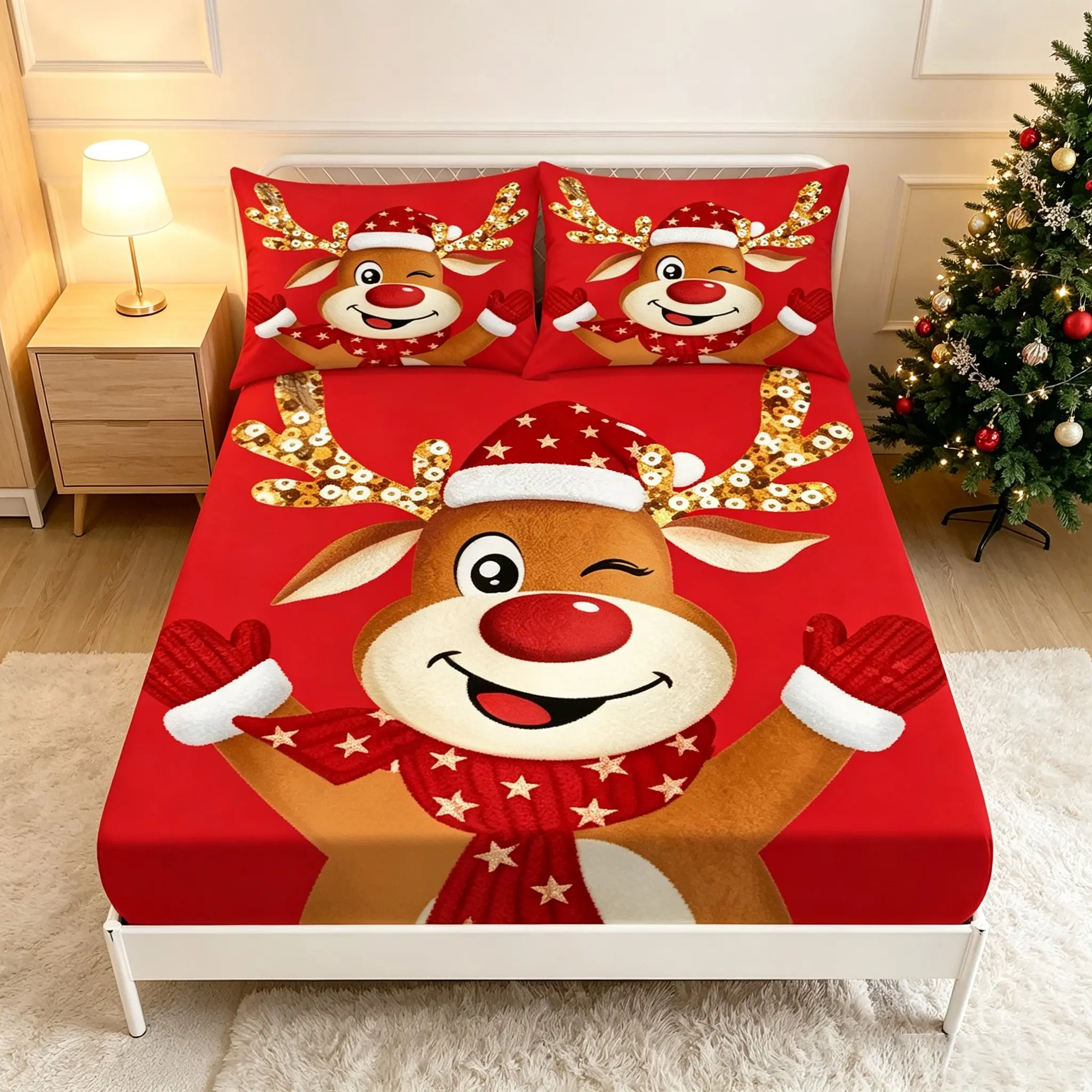 3-piece festive reindeer pattern fitted sheet set (1 fitted sheet + 2 pillowcases, no core) digital printing bedding set, soft and breathable, suitable for bedrooms, guest rooms, and dormitories, perfect for holiday decorations