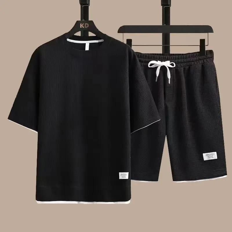 Kyn Apparel 2026 New Summer Men's Fashion Fashion Fashion Brand Casual Sports Set Round Neck Loose Short sleeved Shorts Waffle Two Piece Set