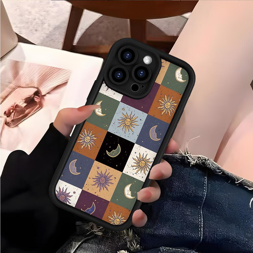 TPU Phone Case Featuring a Sun And Moon Grid Design, Designed to Be Shockproof And Fall-Resistant, Making It a Perfect Birthday Or Festival Gift for Both Men And Women, Compatible with iPhone 17 E Air Pro ProMax iPhone16 15 14 Plus 13 12 Mini 11 X XS XR ﻿