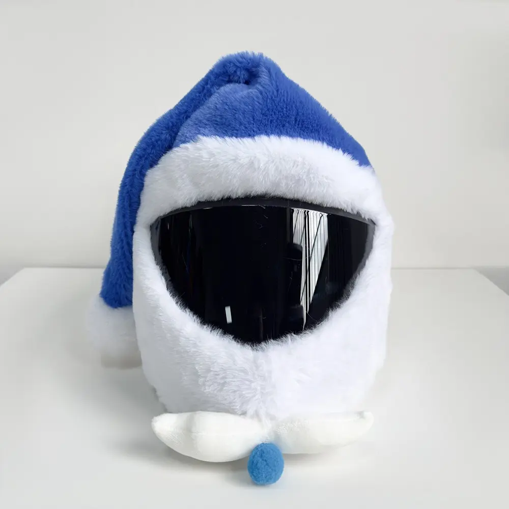 Blue Christmas Hat Motorcycle Helmet Cover, Plush Bike Helmet Protector, Fun Holiday Riding Helmet Decoration, Unique and Funny Design