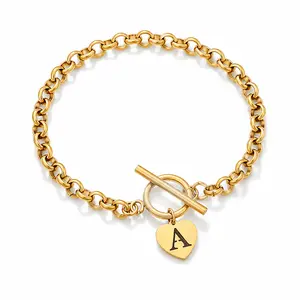 Women's Gold Heart Initial Bangle - Elegant A-Z Letter Charm Chain Jewelry, Romance & Gold Aesthetic Gift for Anniversary, Birthday