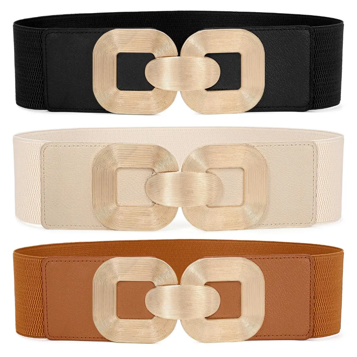 SUOSDEY Women Wide Elastic Waist Belt for Dresses Fashion Gold Buckle Stretchy Leather Waistband for Ladies