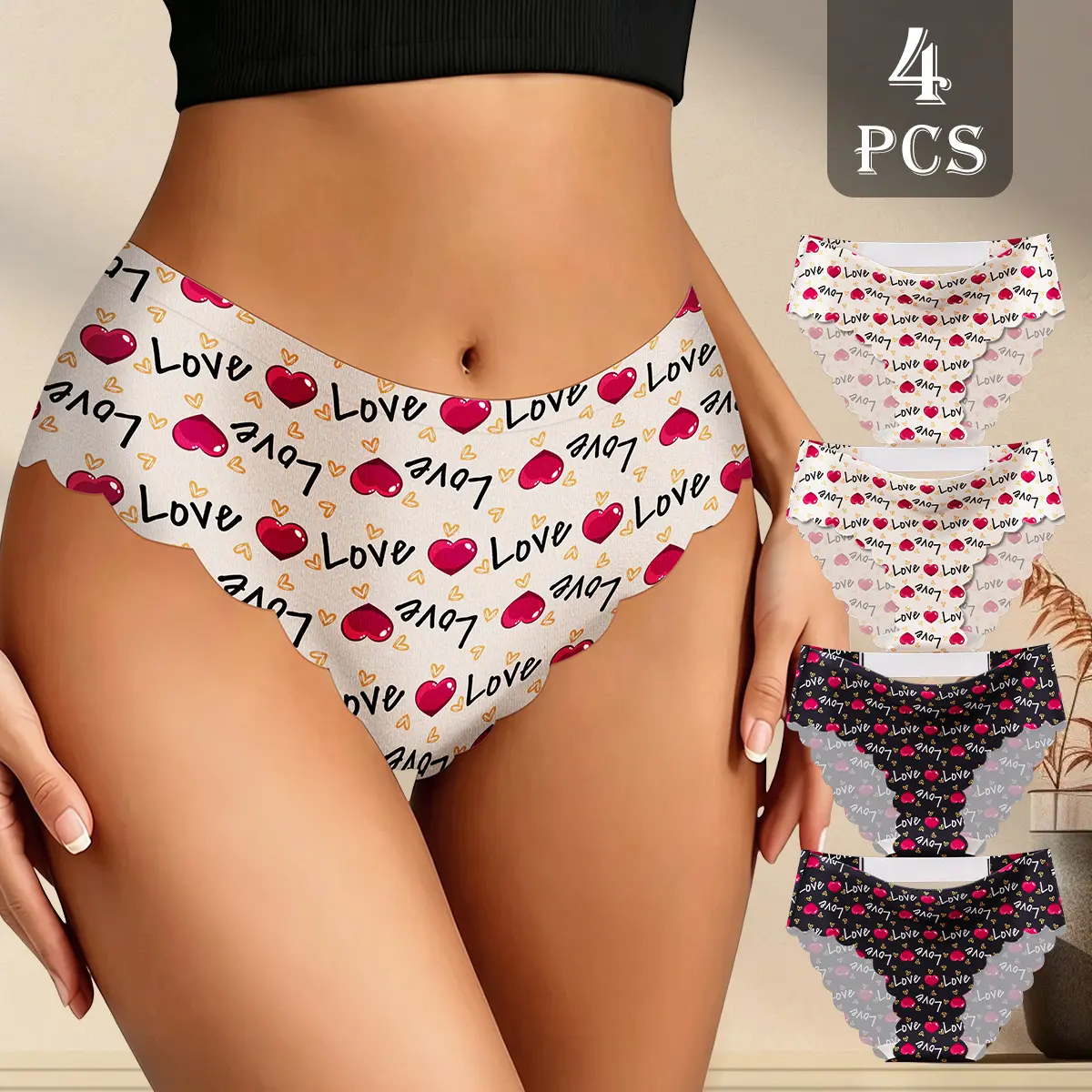 QUASTI 4-Pack Women's Mid-Rise Briefs, Fashion Printed Soft Sweet Breathable Stretch Panties, Moisture-Wicking Scalloped Edge Comfort Everyday Underwear S-XXL Stretchy Polyester