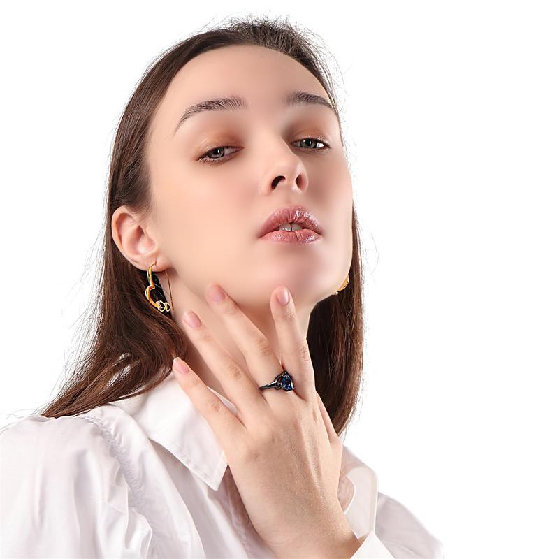 Aesthetic Couple Rings Romantic Women Heart Blue Rhinestones Zircon Ring, Men Stainless Steel Celtic Dragon Ring Wedding Jewelry Gift Fit Daily Wear