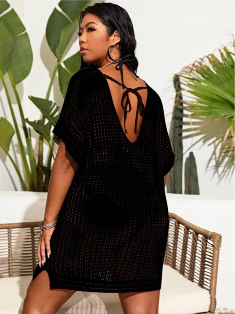 【Plus Size】 Plain Knit Dress, Plus Size Women's Crochet Swimwear Cover Up Dress, Women's Plus Clothing for Beach Holiday Vacation