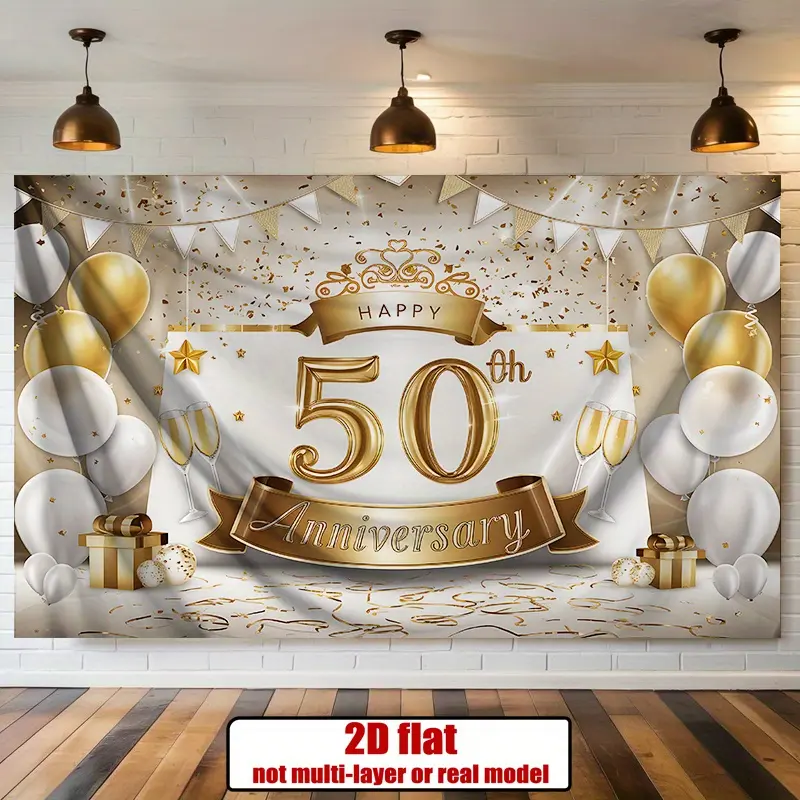 2D Flat, 1 Piece Golden Anniversary Banner - Elegant Golden Birthday/Wedding/Anniversary Decoration with "Happy Anniversary" Text - 50th Anniversary Celebration Backdrop - Durable Polyester Fabric Banner, Suitable for Home, Events, Gifts - Easy to Hang, F