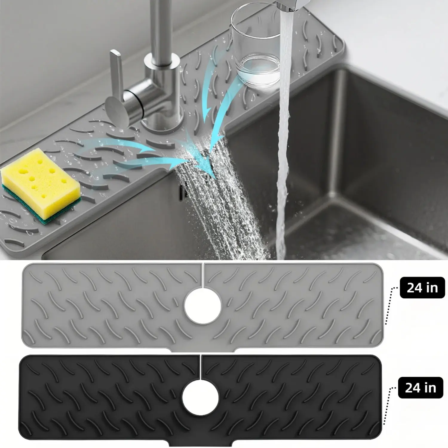 FEELSO 24-Inch Silicone Faucet Guard, Kitchen Sink Splash Guard, Non-Slip Drain Drip Catcher, Countertop Protector Tray
