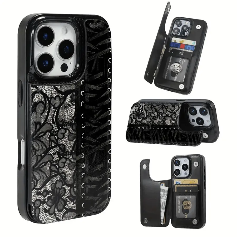 Phone Case - Black Lace and Ribbon Textured Card Case, Compatible with iPhone 17 Pro Max/Air/16/15/14/13/12/11 Series Samsung S22/S23/S24/25 Series, Perfect Gift Choice