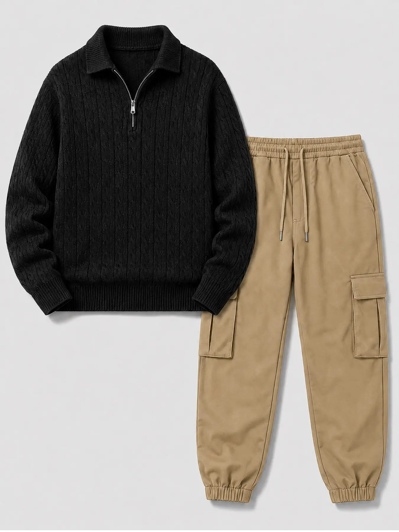 Men's 2-Piece Quarter Zip Polo Collar Sweater & Cargo Jogger Pants Set, Regular Fit, Vintage Casual Streetwear, Fall Winter