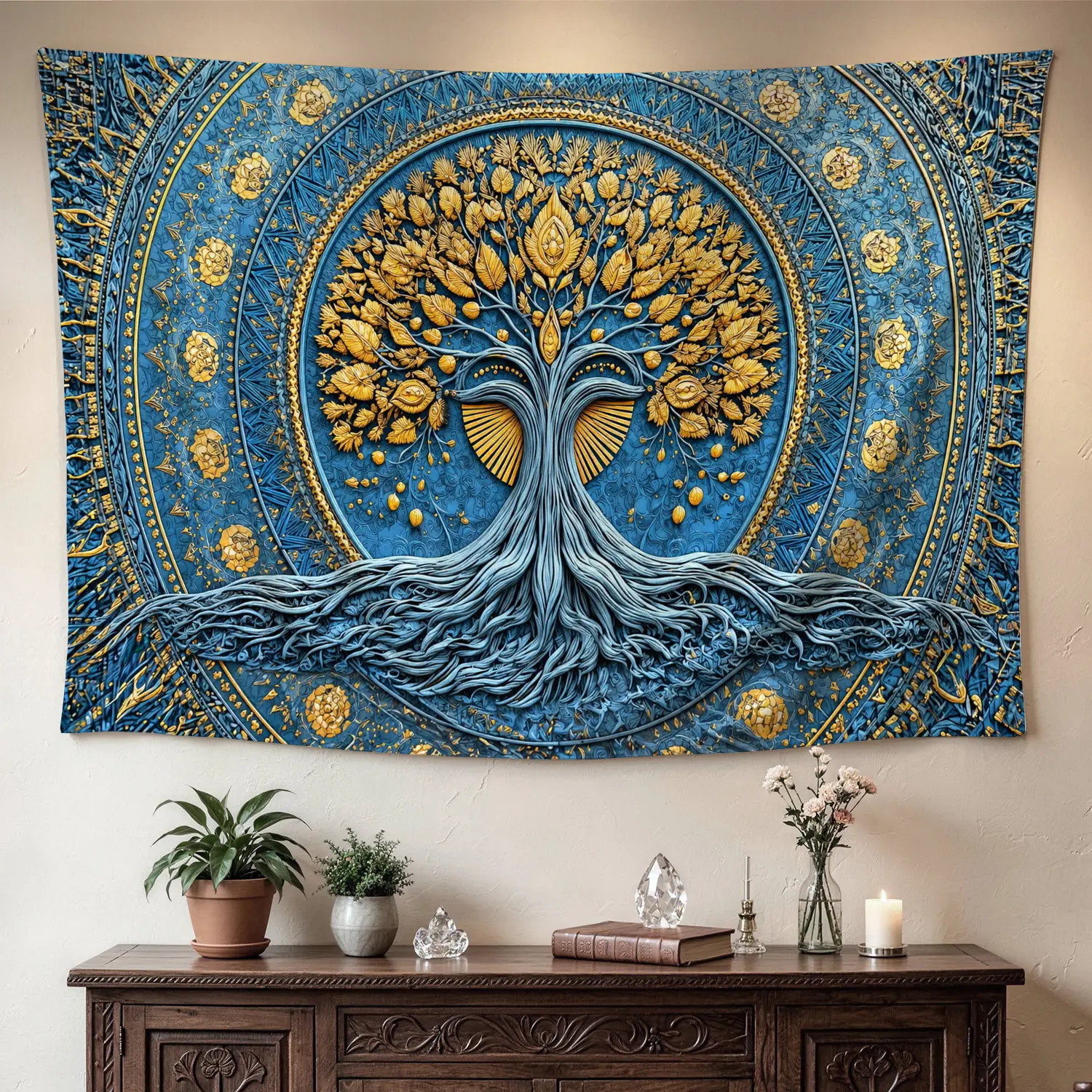 Golden Tree of Life Blue Geometric Mandala Wall Tapestry - Large Printed Horizontal Synthetic Polyester Artwork, No-Installation Wall Decor, Decor Inspo for Living Room Dining Room, Indoor-Outdoor Gifts