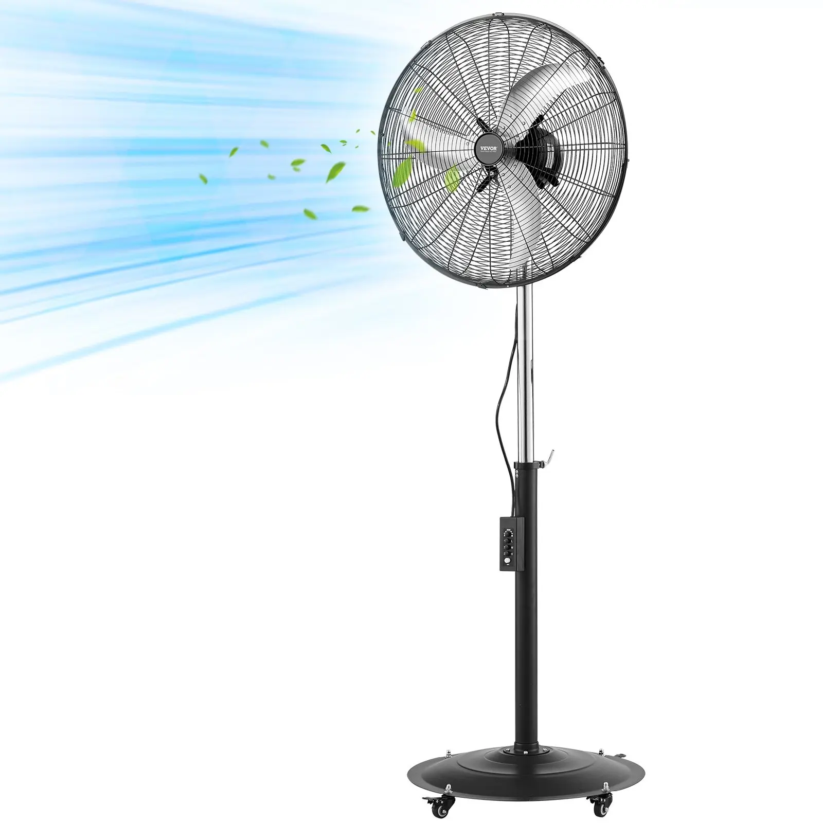 VEVOR 24-Inch High Velocity Pedestal Fan, 6800 CFM Industrial Standing Floor Fan with 85 °   Oscillating, 3-Speed Adjustable Height, IP44 Waterproof, Carbon Steel for Commercial, Garage, Workshop, Black