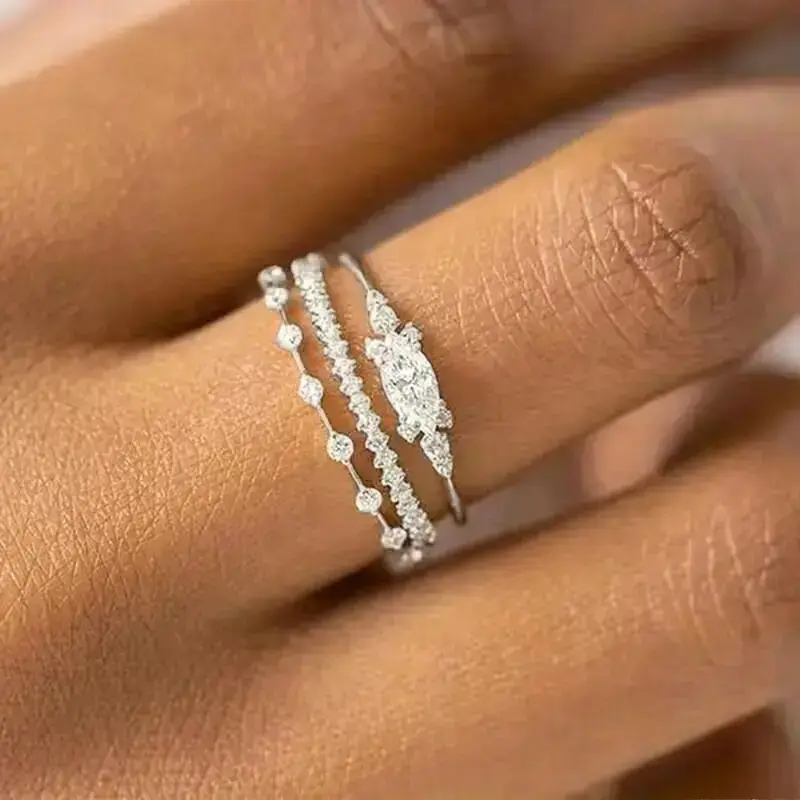 Women's Minimalist Stacking CZ Ring Set, Dainty Marquise-Cut Cubic Zirconia, Lightweight Elegant Casual Female Daily Wear Jewelry, Gold-Silver Tones, Elegant Casual Ring, Versatile For Everyday Jewelry, Layered Stack, Stackable Rings, Dainty Stacking Ring
