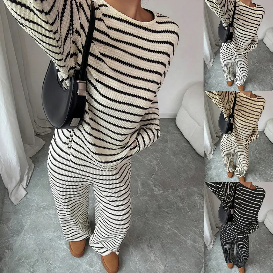New two-piece set! Casual striped waffle-knit loungewear set—perfect for autumn.