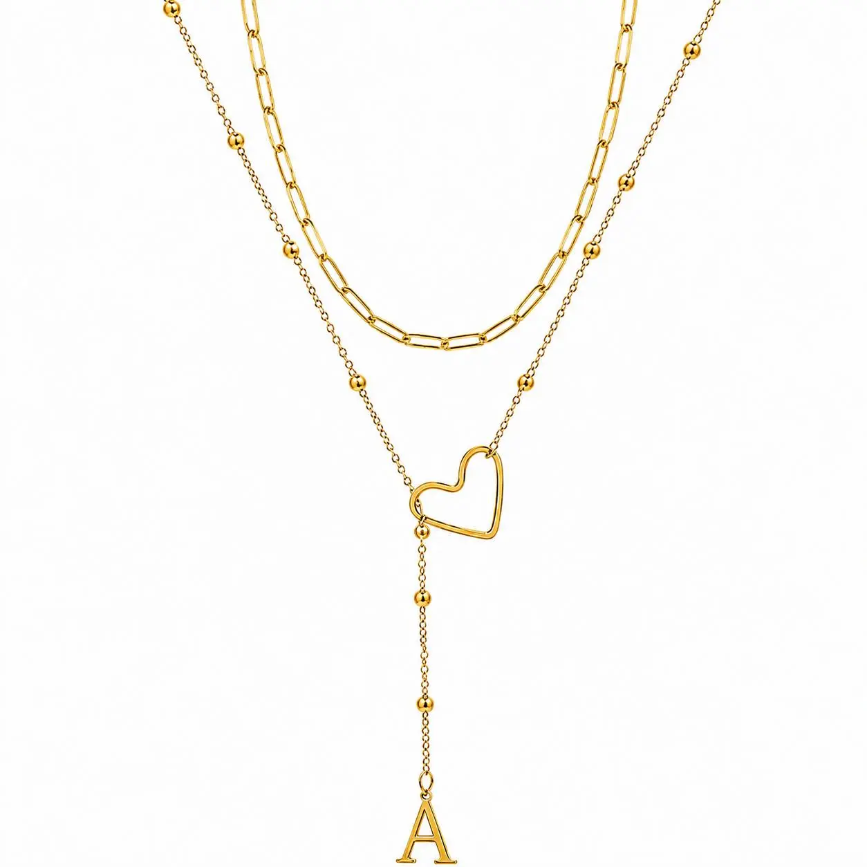 14K Gold Plated Initial Heart Pendant Necklace for Women Men, 2Pcs Personalized Layering Paperclip Chain Choker Necklace Exquisite Hollow Heart Letter A-Z Adjustable Long Necklace Versatile Daily Wear & Party Jewelry