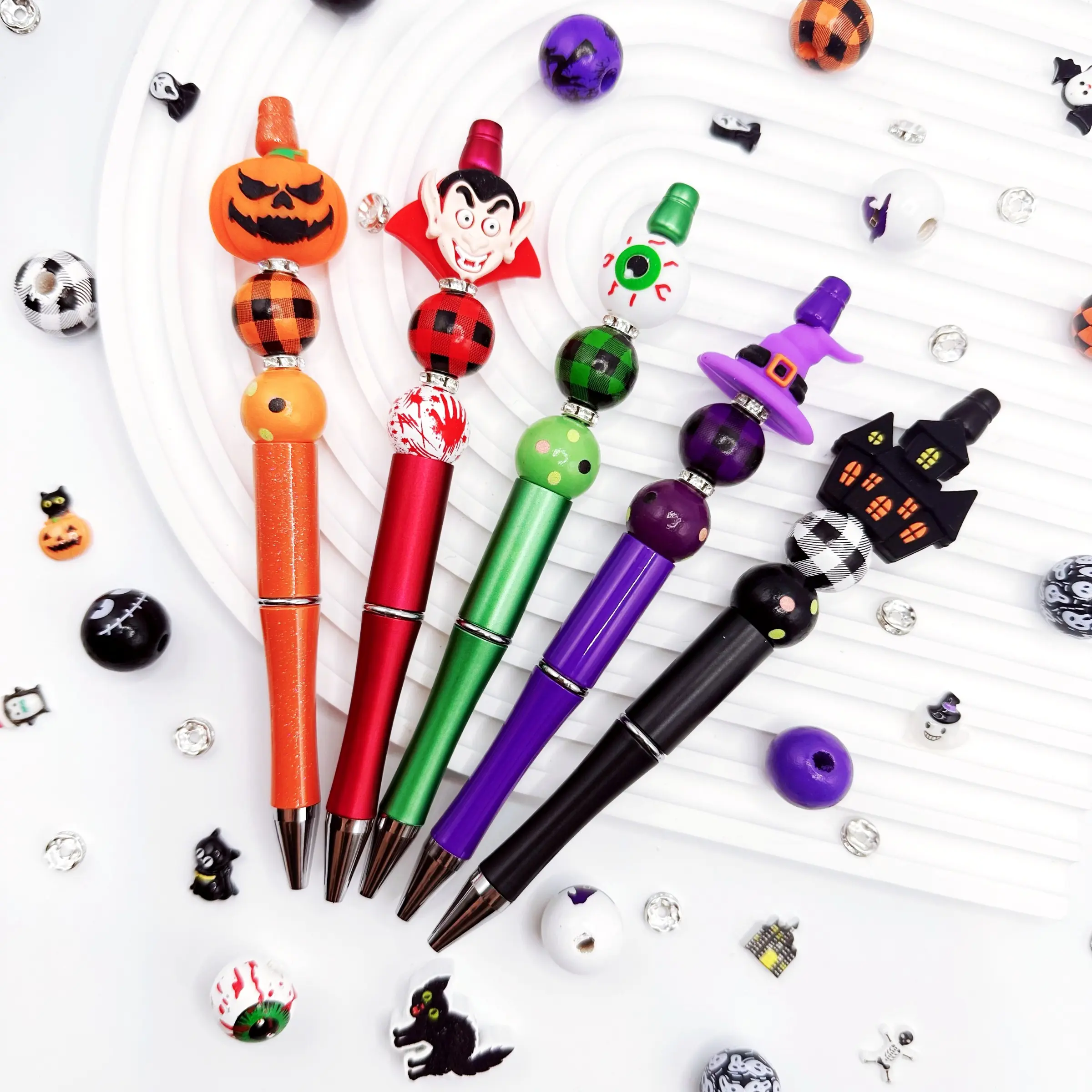 5pcs Beaded Pen Set, Halloween Pumpkin Witch Hat Castle Blood Eyes Devil Theme DIY Beaded Ballpoint Pen Kit, Creative Craft Supplies, Character Beaded Pens, Aesthetic Pens