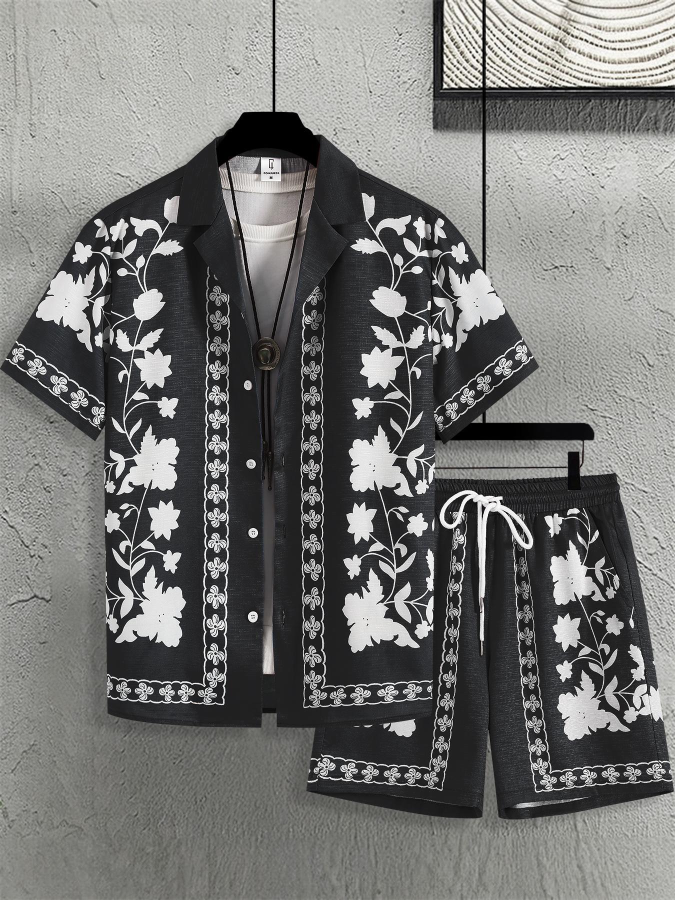 Men's Ethnic Pattern Button Front Shirt & Shorts Loungewear Two-Piece Set, Casual Comfy Short Sleeve Top & Shorts PJ Set, Men's Sleepwear for Summer