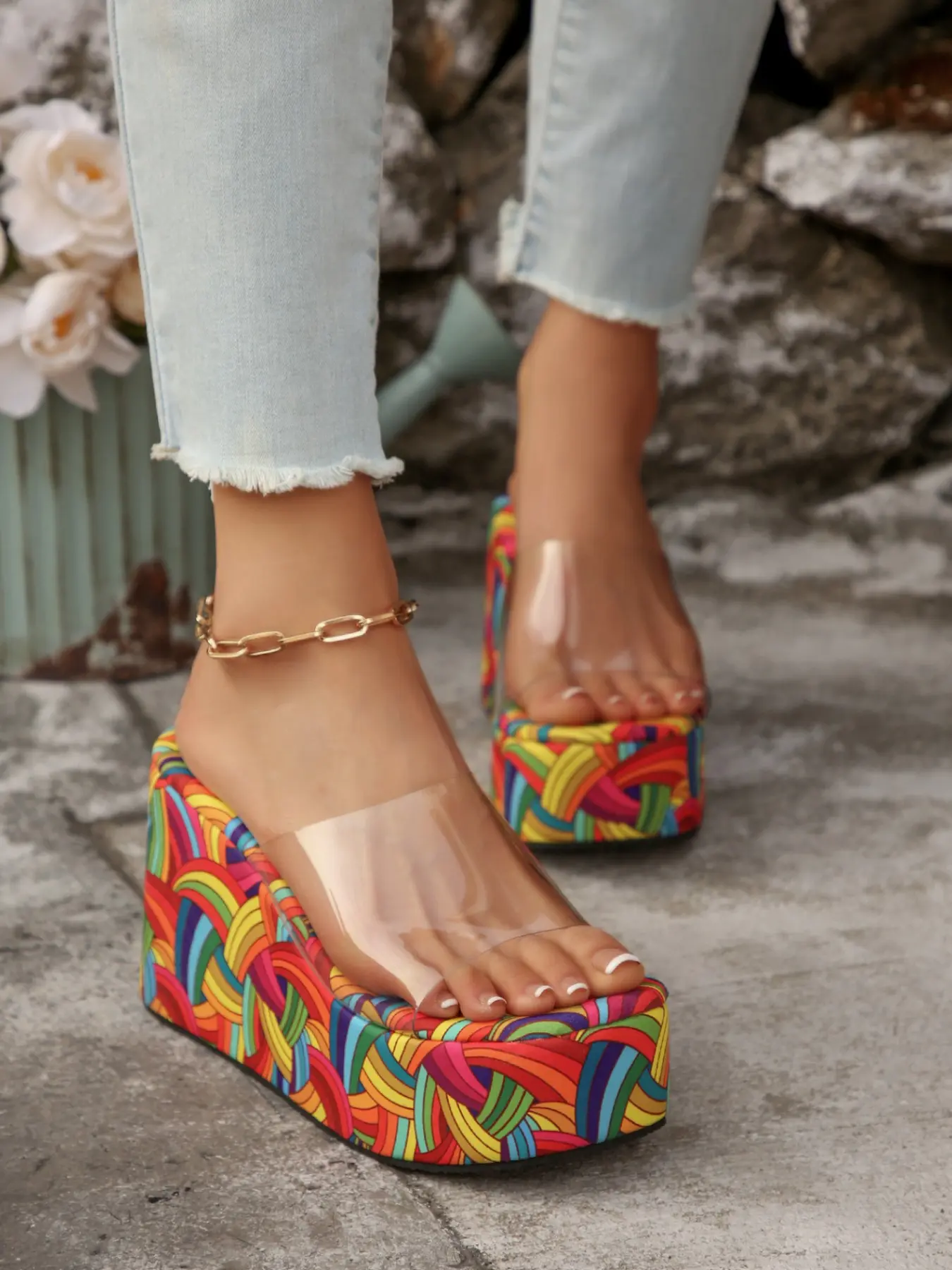 Vintage Psychedelic Swirl Platform Boho Style Wedge Heel Slides, Women's Clear Strap Chunky High Heel, Summer Party Club Slip on Sandals, Large Size
