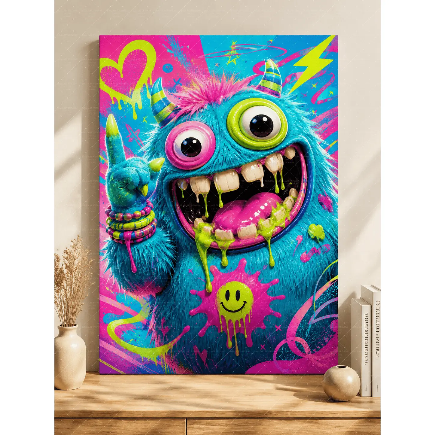 "Neon Monster Graffiti Canvas Art| Blue Pink Y2K Print, Aesthetic Teen Room Decor, Indie Punk Statement Poster Gift",wall decor,poster.