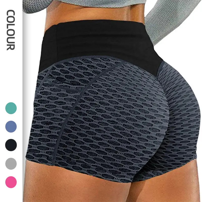 Women Honeycomb Textured High Waist Yoga Shorts, Butt Lifting Stretch Workout Shorts, Tummy Control Athletic Running Gym Shorts