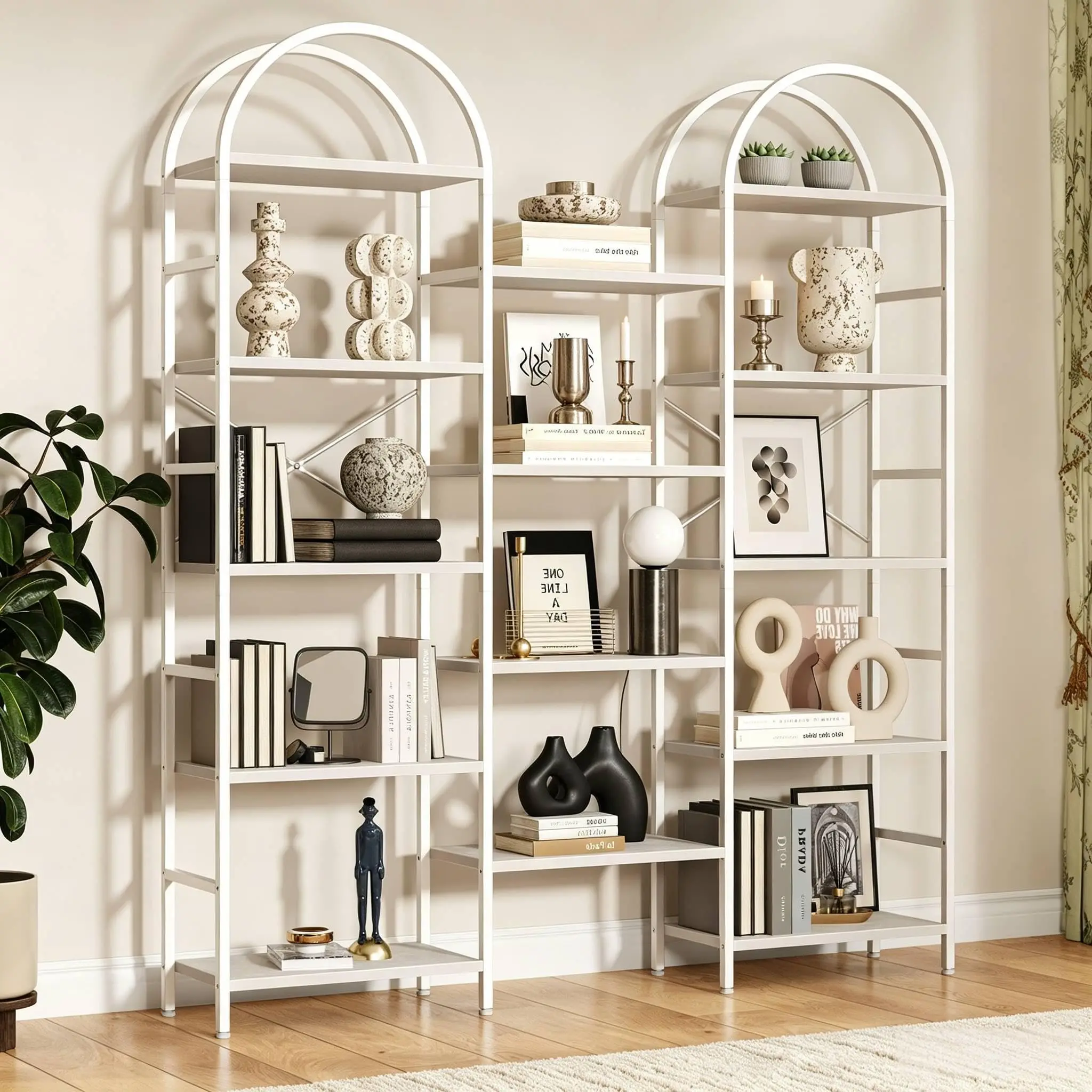 Arched Triple Column 5-Tier Industrial Wide Bookcase with Arch Shape, Wide Base, Open Shelves (63"X71" Tall) for Living Room, Home Office, White