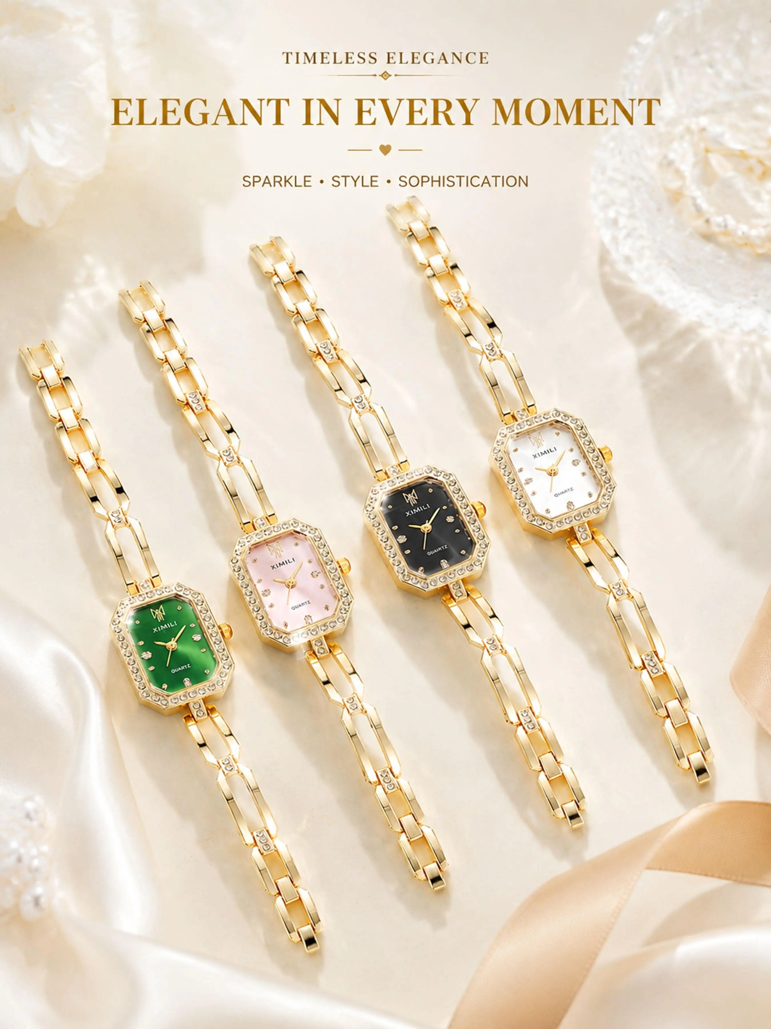 Women's Elegant Crystal Watch with Bracelet, Rhinestone Bezel, Pearl Mother-Of-Pearl Dial, Quartz Fashion Watch Gift