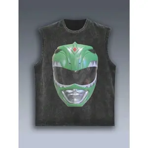Large Full Front Lifelike Green Dino Ranger Helmet Full Chest Print Round Neck Sleeveless Top, Casual Downtown 90s Nostalgia Anime Street Daily Unisex Tank For All Genders