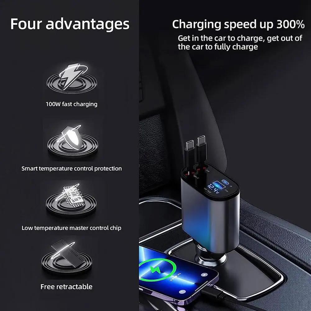 4 in 1 Car Charger, Retractable Car Charger, Retractable Automotive Charger with 2 Fast Charging Cables, Dual Charging Ports Car Charger Compatible with iPhone, Type C Charger
