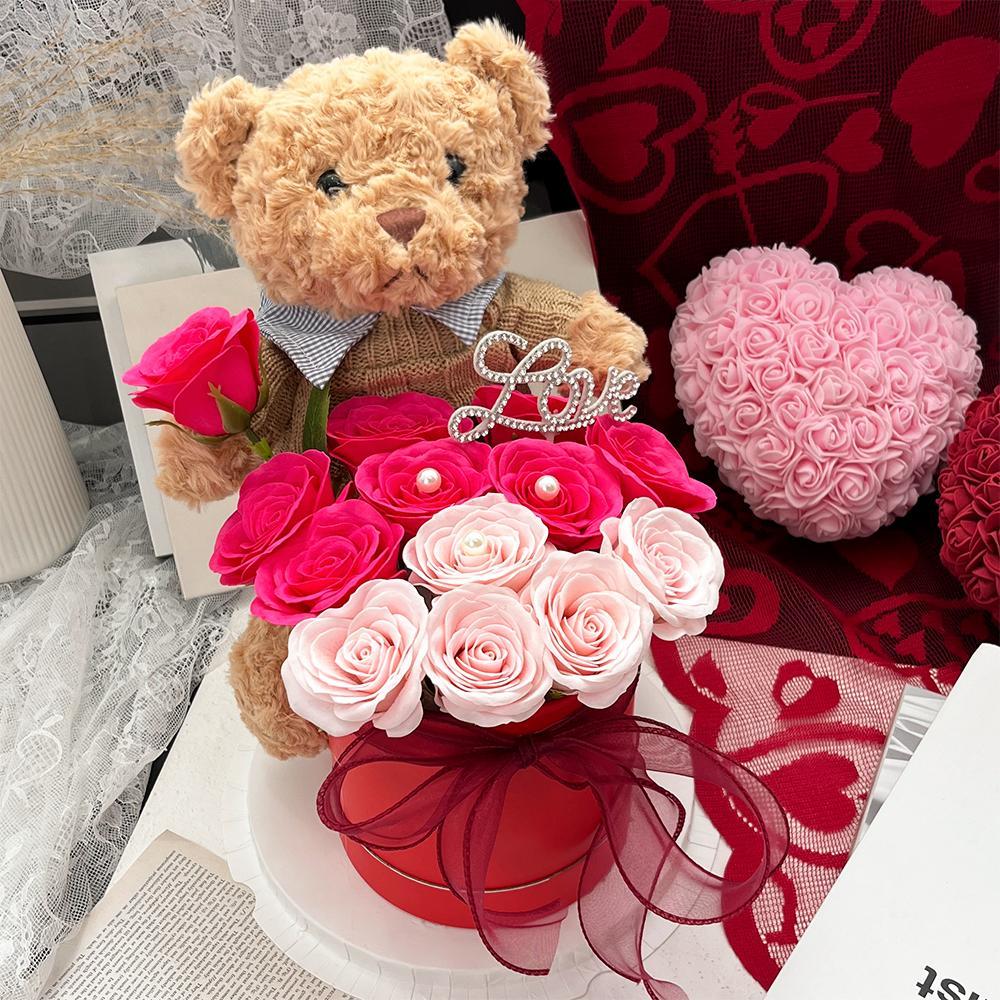 Artificial Flower Gift Box with Bear, 1 Count Romantic Rose Gift Box, Decorative Flowers Bouquet, Birthday Gift, Roses Bouquet, Decorative Vibrant Faux Flowers, Ribbon Roses Bouquet, Glitter Rose #GLOBAL PICKS