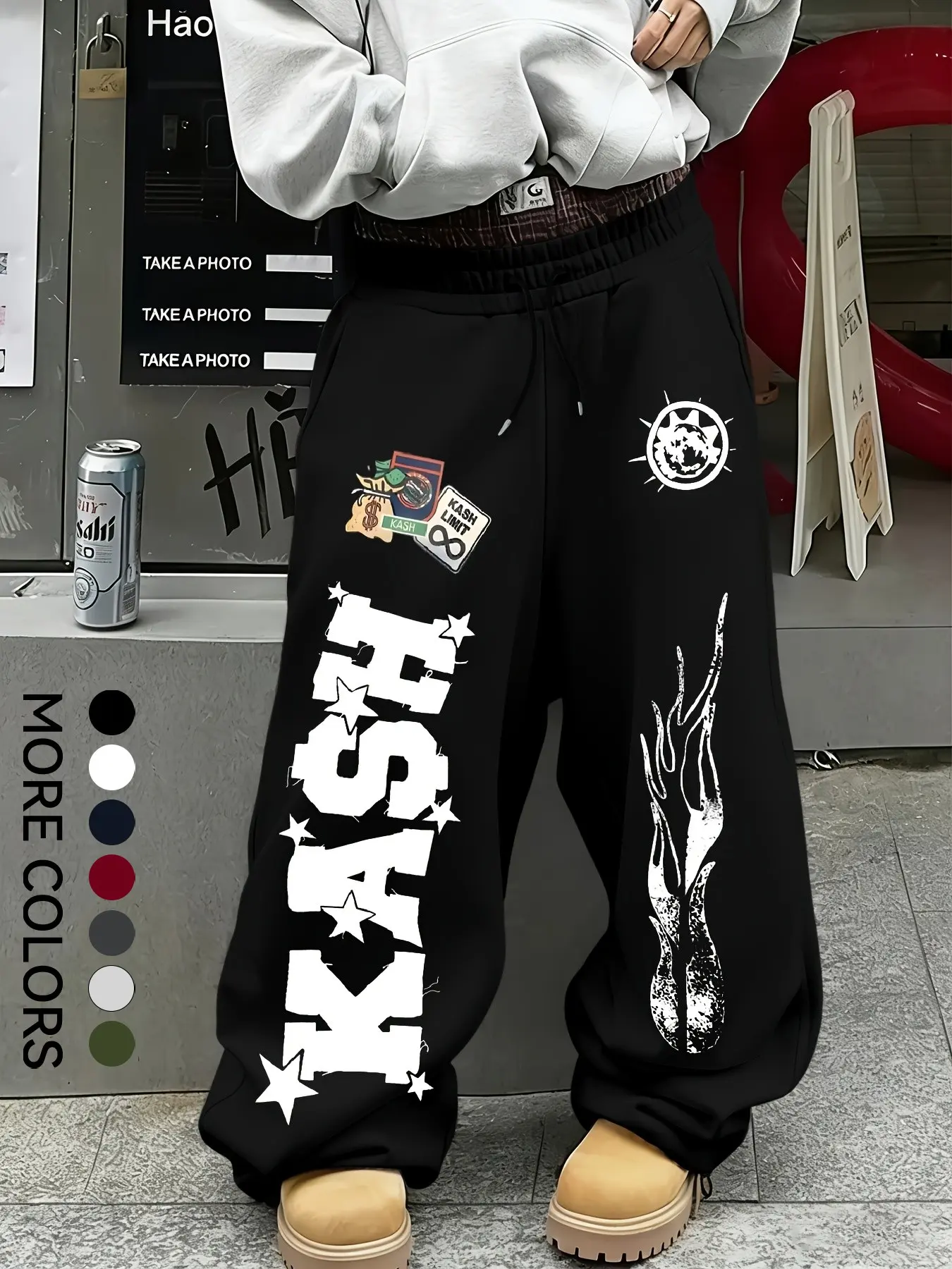 Y2K Hip-Hop Asymmetric Graffiti Joggers, Unisex Loose-Fit H-Type Pants, Breathable Stretch Waistband, Streetwear Style