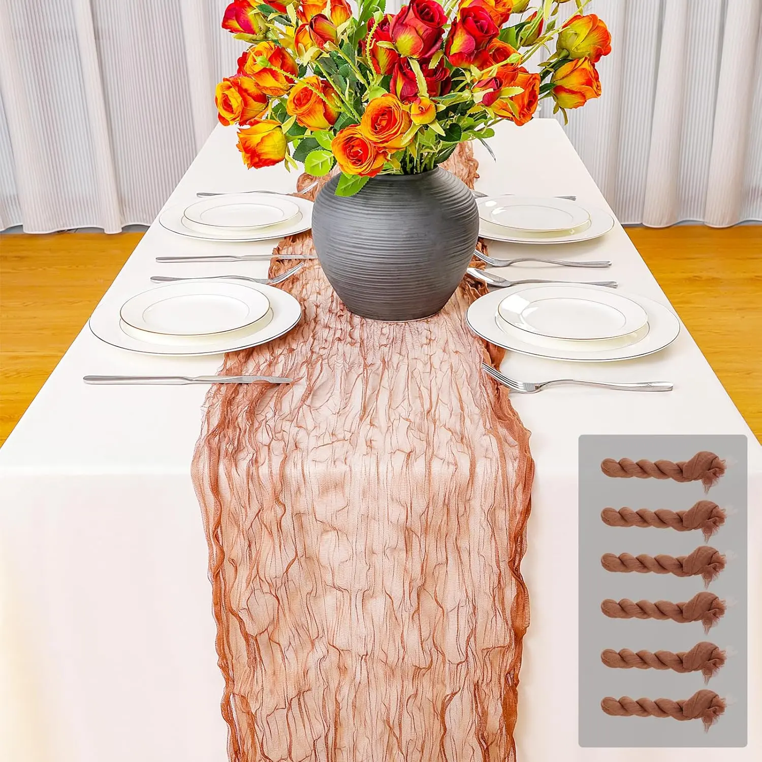 6pcs Rectangular Stretch Cheesecloth Table Runner, 35in Width x120in Customizable Fit Rustic Gauze Boho Linens for Wedding, Bridal Shower Decorations