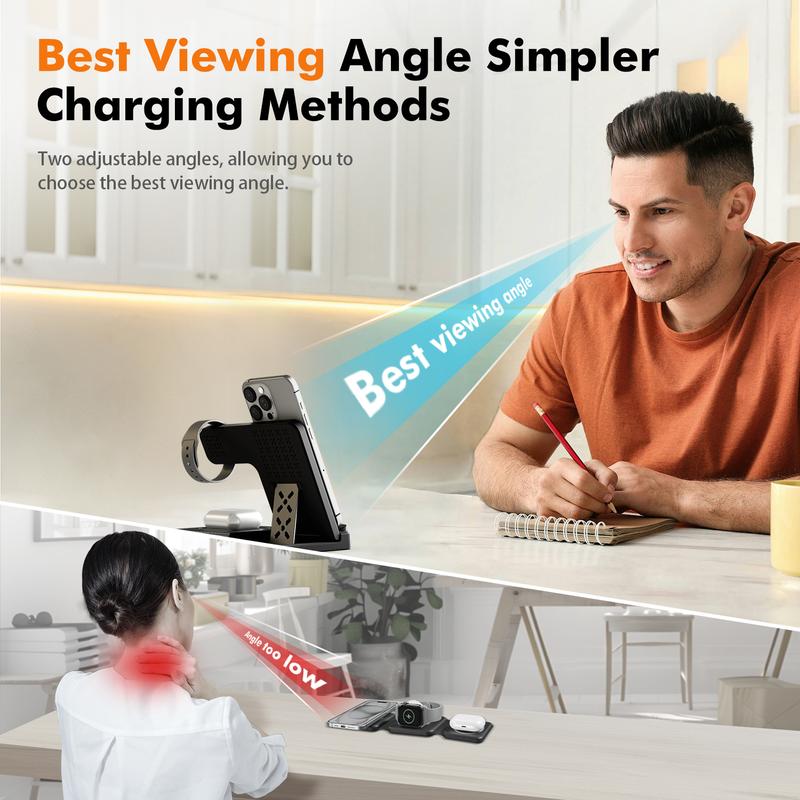 15W MagSafe 3-in-1 Fast Wireless Charging Station |   Portable Foldable Design for 15 14 13 12 11 Series, Apple Watch 9/8/7/SE, AirPods 3/2/Pro |   Multi-Device Charger for Android Phones & Cards