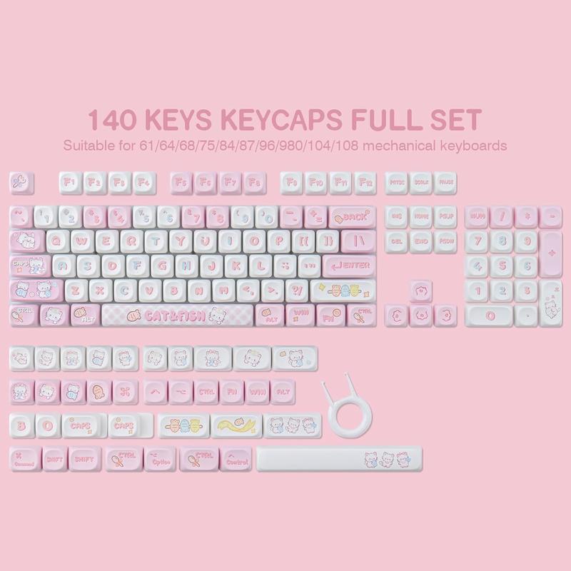 Cute Kitty-cat Keycaps Set 140 Keys Dye-Sublimation MOA Profile Keycaps for Cherry Gateron MX Swithes Mechanical Keyboards