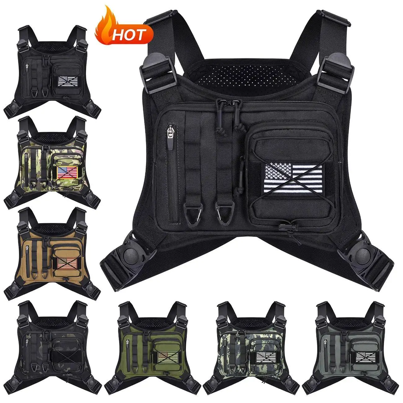 Men's Tactical Chest Pack - Lightweight Adjustable Polyester Sport Vest Bag with Watch Holder & Wallet Pocket, Motorcycle Riding & Trail Running Protective Gear