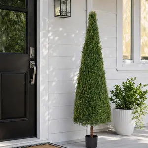 ARCH 6ft Artificial Conical Topiary Tree - UV Resistant Faux Cedar Decorative Potted Plant, Plastic Evergreen Shrub for Front Porch Outdoor Planter, Indoor-Outdoor Use, 1pc Green Option, 10.00 W x (incomplete dimension)