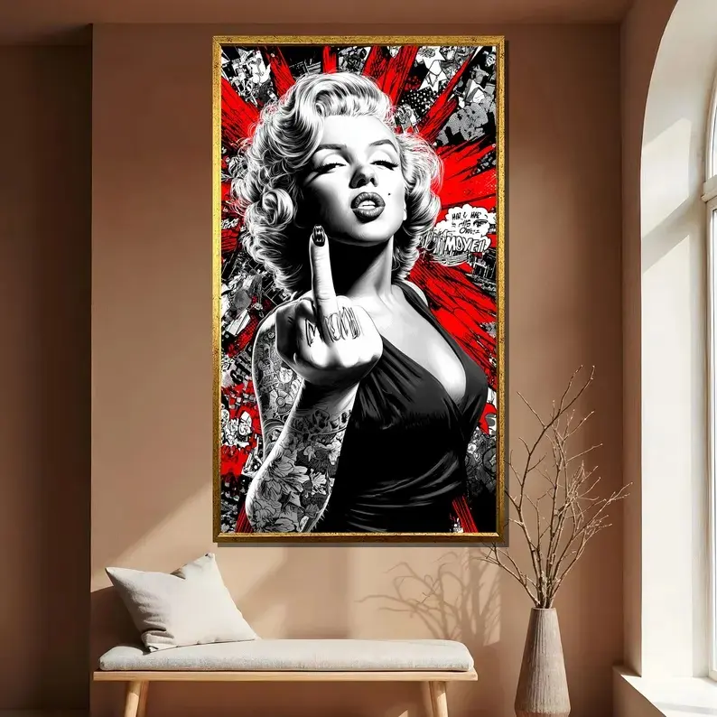 Marilyn Monroe Canvas Painting with Tattoo and Attitude – Ready to Hang Bold Pop Art Wall Decor, Edgy Gift for Fans