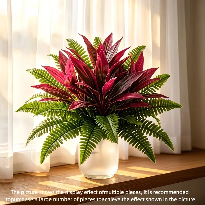 1Bundles of Artificial Red Blood Tree with Boston Fern Greenery, Decorative Houseplant, UV-Resistant and Fade-Proof Outdoor Artificial Plants, Maintenance-Free Faux Aroid Plants, High Simulation, Realistic Touch, for Indoor/Outdoor Living Room