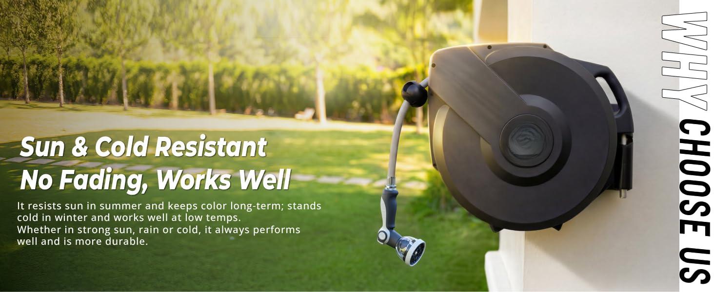 Retractable Garden Hose Reel 5/8"x100ft, 3-Ply Reinforced, High-Flow, Any Length Lock, 180 °   Swivel Bracket, Heavy-Duty Aluminum Mount, Slow Retract, Auto-Layer, 10 Spray Nozzle
